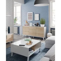 CAESAROO Buffet Salon 154 Cm Blanc Brillant Et Chêne Canadien Avec Trois Portes | Couleur -Buffet et enfilade Soldes 31455977 4