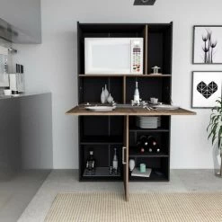 BEAUX MEUBLES PAS CHERS Buffet Table De Cuisine Noir Et Châtaignier -Buffet et enfilade Soldes 31545711 5