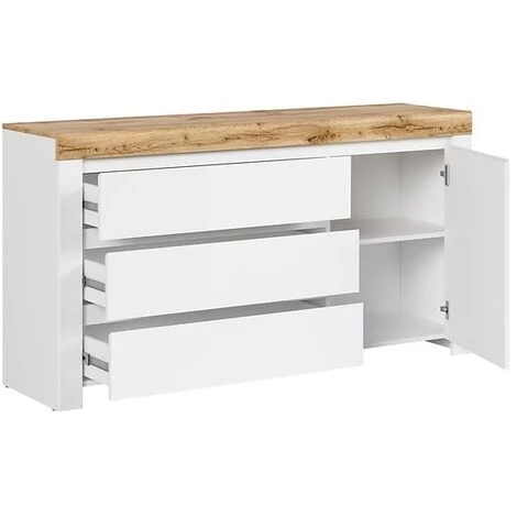 HUCOCO DOLSENA - Buffet Style Scandinave Salon/salle à Manger - 156x83.5x42 - 1 Porte+3 Tiroirs - Enfilade - Blanc 3 HUCOCO DOLSENA - Buffet Style Scandinave Salon/salle à Manger - 156x83.5x42 - 1 Porte+3 Tiroirs - Enfilade - Blanc – Image 3