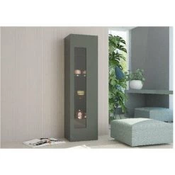 HOME MANIA Cabinet Polyvalent Daiquiri - Economie D'espace, Buffet - Avec Vitres, Etageres, Portes - Pour Le Salon, Le Hall D'entree - Anthracite En Panneau De Melamine, 45 X 34 X 162 Cm, LED