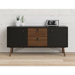 CAESAROO Buffet Salon 150x40 Cm Noir Mat Et Noyer Avec Deux Portes Et Deux Tiroirs | Noir Et Noyer