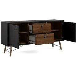 CAESAROO Buffet Salon 150x40 Cm Noir Mat Et Noyer Avec Deux Portes Et Deux Tiroirs | Noir Et Noyer -Buffet et enfilade Soldes 32601764 3