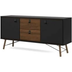 CAESAROO Buffet Salon 150x40 Cm Noir Mat Et Noyer Avec Deux Portes Et Deux Tiroirs | Noir Et Noyer -Buffet et enfilade Soldes 32601764 4