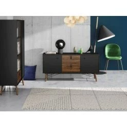 CAESAROO Buffet Salon 150x40 Cm Noir Mat Et Noyer Avec Deux Portes Et Deux Tiroirs | Noir Et Noyer -Buffet et enfilade Soldes 32601764 5