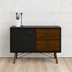 CAESAROO Buffet Salon 101x40 Cm Noir Mat Et Noyer Avec Deux Portes Et Deux Tiroirs | Noir Et Noyer