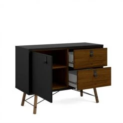 CAESAROO Buffet Salon 101x40 Cm Noir Mat Et Noyer Avec Deux Portes Et Deux Tiroirs | Noir Et Noyer -Buffet et enfilade Soldes 32601766 3
