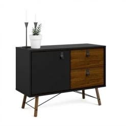 CAESAROO Buffet Salon 101x40 Cm Noir Mat Et Noyer Avec Deux Portes Et Deux Tiroirs | Noir Et Noyer -Buffet et enfilade Soldes 32601766 4