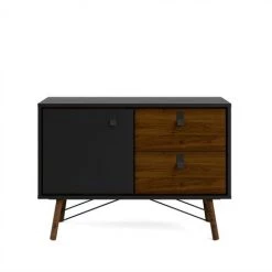 CAESAROO Buffet Salon 101x40 Cm Noir Mat Et Noyer Avec Deux Portes Et Deux Tiroirs | Noir Et Noyer -Buffet et enfilade Soldes 32601766 5