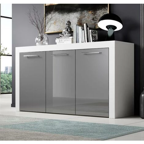 DESIGN AMEUBLEMENT Buffet Bahut 3 Portes | Poignées Inox | 144 X 80 X 42 Cm | Couleur Blanc Et Gris Finition Brillante | Meuble De Rangement | Modèle NELIA - Blanc/Gris 2 DESIGN AMEUBLEMENT Buffet Bahut 3 Portes | Poignées Inox | 144 X 80 X 42 Cm | Couleur Blanc Et Gris Finition Brillante | Meuble De Rangement | Modèle NELIA - Blanc/Gris – Image 2
