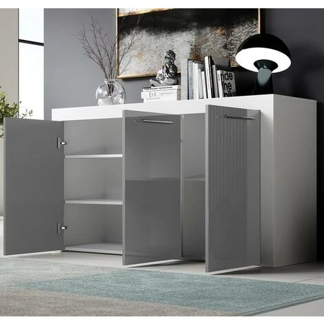 DESIGN AMEUBLEMENT Buffet Bahut 3 Portes | Poignées Inox | 144 X 80 X 42 Cm | Couleur Blanc Et Gris Finition Brillante | Meuble De Rangement | Modèle NELIA - Blanc/Gris 3 DESIGN AMEUBLEMENT Buffet Bahut 3 Portes | Poignées Inox | 144 X 80 X 42 Cm | Couleur Blanc Et Gris Finition Brillante | Meuble De Rangement | Modèle NELIA - Blanc/Gris – Image 3