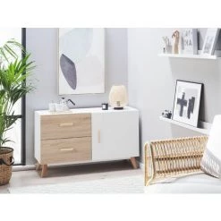 BELIANI Commode Effet Bois Clair / Blanc 1 Porte 2 Tiroirs - Bois Clair -Buffet et enfilade Soldes 33356979 2