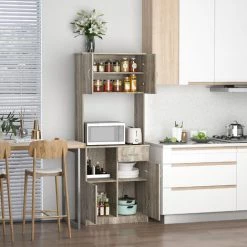 HOMCOM Armoire De Cuisine Multi-rangements 3 Placards 2 Niches Tiroir Panneaux Particules Classe E1 Aspect Chêne Gris - Gris -Buffet et enfilade Soldes 33905029 4