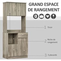 HOMCOM Armoire De Cuisine Multi-rangements 3 Placards 2 Niches Tiroir Panneaux Particules Classe E1 Aspect Chêne Gris - Gris -Buffet et enfilade Soldes 33905029 5