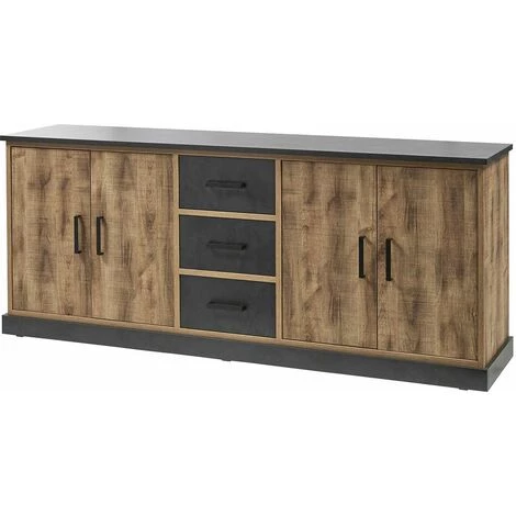 ALTOBUY JENNA - Buffet 4 Portes 3 Tiroirs Aspect Bois Et Métal Noir - Marron Clair 1 ALTOBUY JENNA - Buffet 4 Portes 3 Tiroirs Aspect Bois Et Métal Noir - Marron Clair
