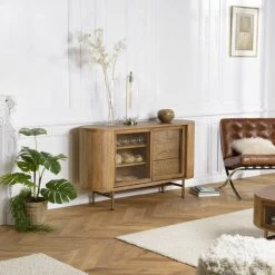 MACABANE YSEULT - Buffet Arrondi Couleur Naturelle Bois Peuplier 2 Portes Coulissantes En Verre 3 Tiroirs - Naturel -Buffet et enfilade Soldes 34272966 4