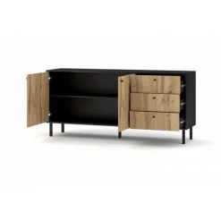 PRICE FACTORY Buffet, Enfilade, Bahut Industriel SPEBO, 164 Cm, 3 Tiroirs Et 2 Portes, Coloris Noir Mat Et Chêne Wotan - Noir -Buffet et enfilade Soldes 34340523 3