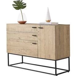 Commode Stylé Pour Salon Meuble De Rangement Pour Chambre Adulte Avec 3 Tiroirs 1 Porte Panneaux De Particules Mélaminés Pied En Métal 79 X 115 X 40 Cm Effet Chêne Noir [en.casa]