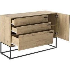 Commode Stylé Pour Salon Meuble De Rangement Pour Chambre Adulte Avec 3 Tiroirs 1 Porte Panneaux De Particules Mélaminés Pied En Métal 79 X 115 X 40 Cm Effet Chêne Noir [en.casa] -Buffet et enfilade Soldes 34587976 4