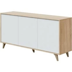 CAESAROO Buffet Salon 150x40 Cm Blanc Mat Et Chêne Avec 3 Portes | Chêne Clair/blanc