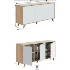 CAESAROO Buffet Salon 150x40 Cm Blanc Mat Et Chêne Avec 3 Portes | Chêne Clair/blanc -Buffet et enfilade Soldes 34695132 3