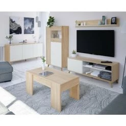 CAESAROO Buffet Salon 150x40 Cm Blanc Mat Et Chêne Avec 3 Portes | Chêne Clair/blanc -Buffet et enfilade Soldes 34695132 4