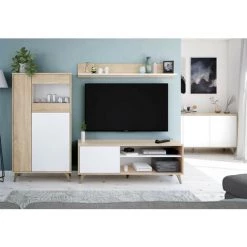 CAESAROO Buffet Salon 150x40 Cm Blanc Mat Et Chêne Avec 3 Portes | Chêne Clair/blanc -Buffet et enfilade Soldes 34695132 5
