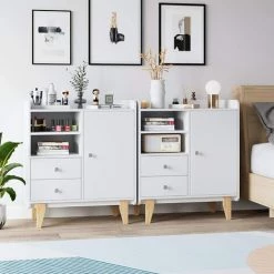 BAMNY Commode Scandinave Meuble De Rangement Buffet Armoire à 2 Tiroirs 2 Étages Avec Placard 75x40x87cm -Buffet et enfilade Soldes 34853035 4