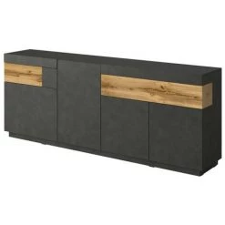 PRICE FACTORY Buffet, Bahut, Enfilade KILES Trois Portes, Deux Tiroirs. Coloris Gris Anthracite Et Chêne. Style Design. - Gris