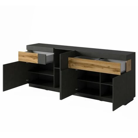 PRICE FACTORY Buffet, Bahut, Enfilade KILES Trois Portes, Deux Tiroirs. Coloris Gris Anthracite Et Chêne. Style Design. - Gris 3 PRICE FACTORY Buffet, Bahut, Enfilade KILES Trois Portes, Deux Tiroirs. Coloris Gris Anthracite Et Chêne. Style Design. - Gris – Image 3