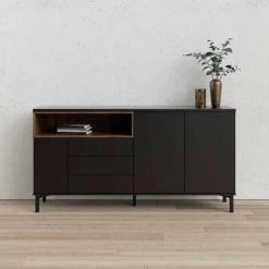 CAESAROO Buffet De Salon 175x89 Cm Noir Mat Et Noyer Avec Trois Portes Et Trois Tiroirs | Noir Et Noyer