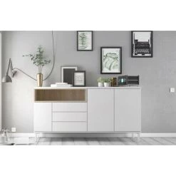 CAESAROO Buffet De Salon 175x89 Cm Blanc Mat Et Chêne Avec Trois Portes Et Trois Tiroirs | Chêne Et Blanc