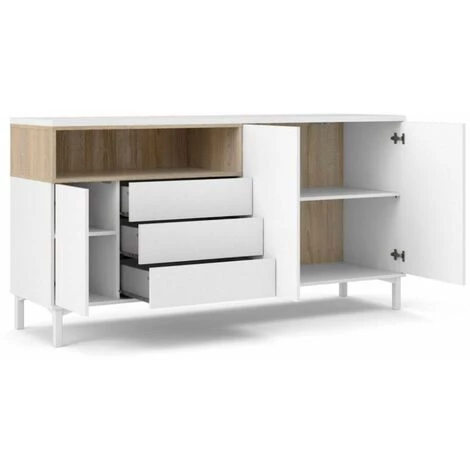 CAESAROO Buffet De Salon 175x89 Cm Blanc Mat Et Chêne Avec Trois Portes Et Trois Tiroirs | Chêne Et Blanc 2 CAESAROO Buffet De Salon 175x89 Cm Blanc Mat Et Chêne Avec Trois Portes Et Trois Tiroirs | Chêne Et Blanc – Image 2