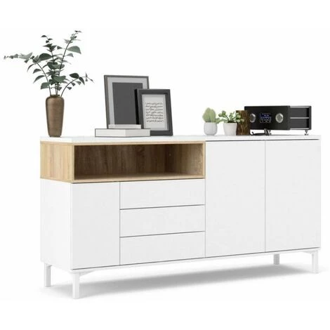 CAESAROO Buffet De Salon 175x89 Cm Blanc Mat Et Chêne Avec Trois Portes Et Trois Tiroirs | Chêne Et Blanc 3 CAESAROO Buffet De Salon 175x89 Cm Blanc Mat Et Chêne Avec Trois Portes Et Trois Tiroirs | Chêne Et Blanc – Image 3