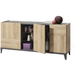 CAESAROO Buffet 180 Cm Chêne Et Gris Avec Trois Portes Et Un Compartiment Avec Deux étagères En Verre | Chêne Et Gris