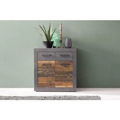 TREND TEAM INDY - Meuble Chambre. Commode Avec 2 Tiroirs En Mélaminé Coloris Gris Ciment Portes Bois Effet Vieilli . L - H - P : 82 / 86 / 37cm. - Bois/gris 2 TREND TEAM INDY - Meuble Chambre. Commode Avec 2 Tiroirs En Mélaminé Coloris Gris Ciment Portes Bois Effet Vieilli . L - H - P : 82 / 86 / 37cm. - Bois/gris – Image 2