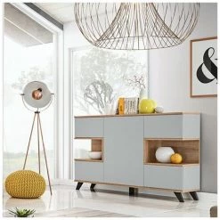 PRICE FACTORY Buffet, Bahut, Enfilade CORDOBA Cinq Portes. Coloris Gris Et Chêne. Style Design. - Gris
