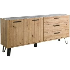CAESAROO Buffet 180 Cm Effet Chêne Et Noir Avec Deux Portes Et Trois Tiroirs | Chêne Clair