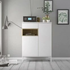 CAESAROO Buffet De Salon 89xH119 Cm Blanc Mat Et Chêne Avec Un Tiroir Et Deux Portes | Chêne Et Blanc