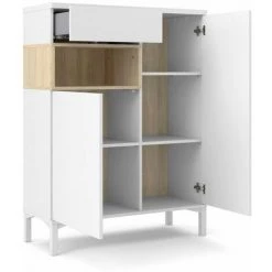 CAESAROO Buffet De Salon 89xH119 Cm Blanc Mat Et Chêne Avec Un Tiroir Et Deux Portes | Chêne Et Blanc -Buffet et enfilade Soldes 35986409 3