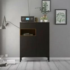 CAESAROO Buffet De Salon 89xH119 Cm Noir Mat Et Noyer Avec Un Tiroir Et Deux Portes | Noir Et Noyer