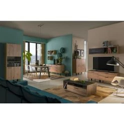 CAESAROO Buffet 125 Cm Chêne Et Noir Avec Quatre Portes Finition | Chêne Clair -Buffet et enfilade Soldes 36025115 3