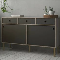 CAESAROO Buffet Salon 147x40 Cm Noir Mat Et Chêne Clair Avec Deux Portes Coulissantes Et Trois Tiroirs | Noir Et Chêne -Buffet et enfilade Soldes 36572189 3