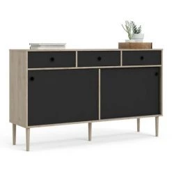 CAESAROO Buffet Salon 147x40 Cm Noir Mat Et Chêne Clair Avec Deux Portes Coulissantes Et Trois Tiroirs | Noir Et Chêne -Buffet et enfilade Soldes 36572189 4
