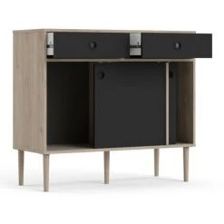 CAESAROO Buffet Salon 99x40 Cm Noir Mat Et Chêne Clair Avec Deux Portes Coulissantes Et Deux Tiroirs | Noir Et Chêne -Buffet et enfilade Soldes 36572190 2