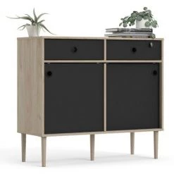 CAESAROO Buffet Salon 99x40 Cm Noir Mat Et Chêne Clair Avec Deux Portes Coulissantes Et Deux Tiroirs | Noir Et Chêne -Buffet et enfilade Soldes 36572190 4