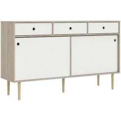 CAESAROO Buffet Salon 147x40 Cm Blanc Mat Et Chêne Clair Avec Deux Portes Coulissantes Et Trois Tiroirs | Chêne Et Blanc
