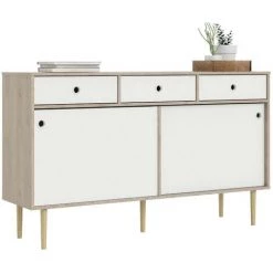 CAESAROO Buffet Salon 147x40 Cm Blanc Mat Et Chêne Clair Avec Deux Portes Coulissantes Et Trois Tiroirs | Chêne Et Blanc -Buffet et enfilade Soldes 36572191 3
