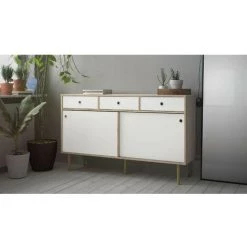 CAESAROO Buffet Salon 147x40 Cm Blanc Mat Et Chêne Clair Avec Deux Portes Coulissantes Et Trois Tiroirs | Chêne Et Blanc -Buffet et enfilade Soldes 36572191 4