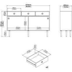 CAESAROO Buffet Salon 147x40 Cm Blanc Mat Et Chêne Clair Avec Deux Portes Coulissantes Et Trois Tiroirs | Chêne Et Blanc -Buffet et enfilade Soldes 36572191 5