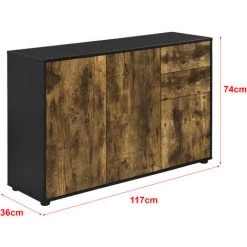 Commode Stylée Meuble De Rangement Pratique Avec 2 Tiroirs 3 Portes Panneau De Particules 74 X 117 X 36 Cm Noir Mat Effet Chêne Foncé [en.casa] -Buffet et enfilade Soldes 36871560 3